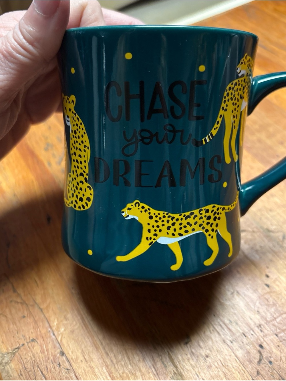 Teal Ceramic Mug with Yellow Cheetah Design - Chase Your Dreams